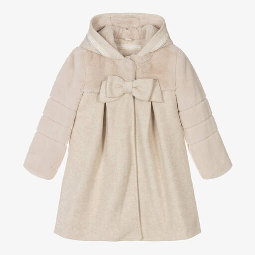 Lapin House-Girls Beige Faux Fur Trim Coat | Childrensalon Outlet