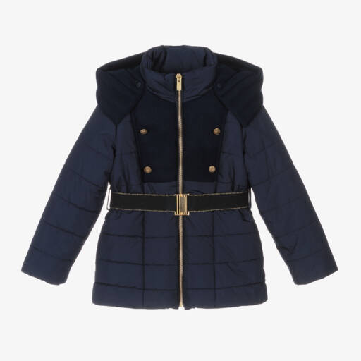 Lapin House-Girls Blue Belted Hooded Coat | Childrensalon Outlet