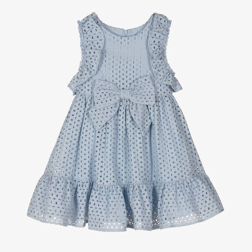 Lapin House-Girls Blue Cotton Broderie Anglaise Dress | Childrensalon Outlet