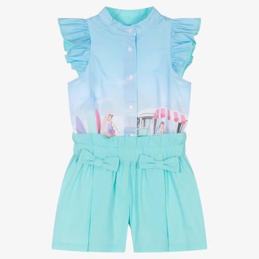 Lapin House-Girls Blue Cotton Shorts Set | Childrensalon Outlet