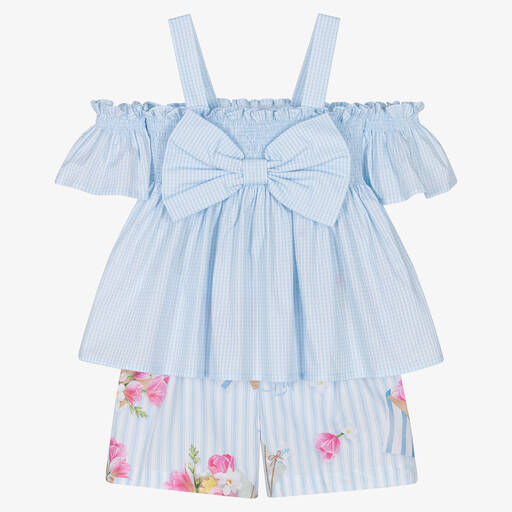 Lapin House-Girls Blue Gingham Stripe Shorts Set | Childrensalon Outlet