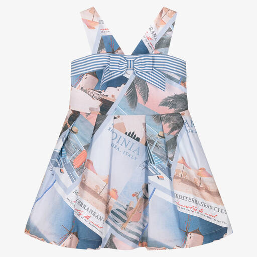 Lapin House-Girls Blue Postcard Print Dress | Childrensalon Outlet