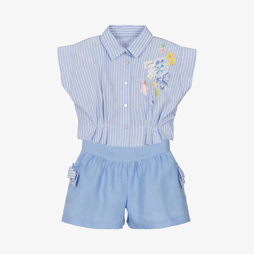Lapin House-طقم شورت مقلم قطن لون أزرق بطبعة ورود للبنات | Childrensalon Outlet