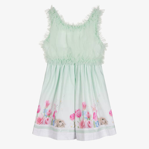 Lapin House-Girls Green Tulle & Striped Floral Dress | Childrensalon Outlet