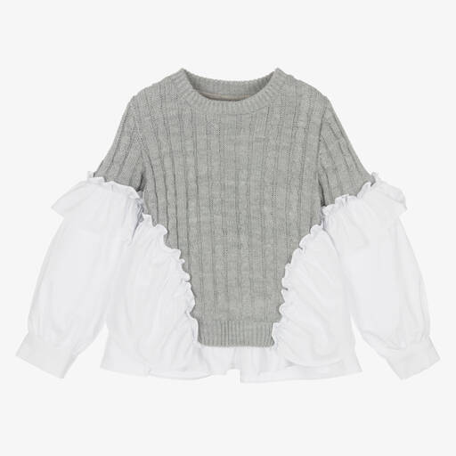Lapin House-Girls Grey Cable Knit Shirt Sweater | Childrensalon Outlet