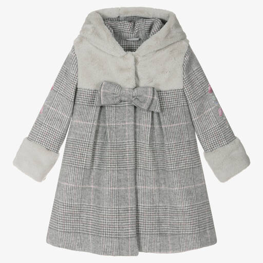 Lapin House-Girls Grey Checked Wool Hooded Coat | Childrensalon Outlet