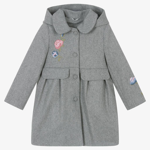 Lapin House-Girls Grey Embroidered Wool Coat | Childrensalon Outlet