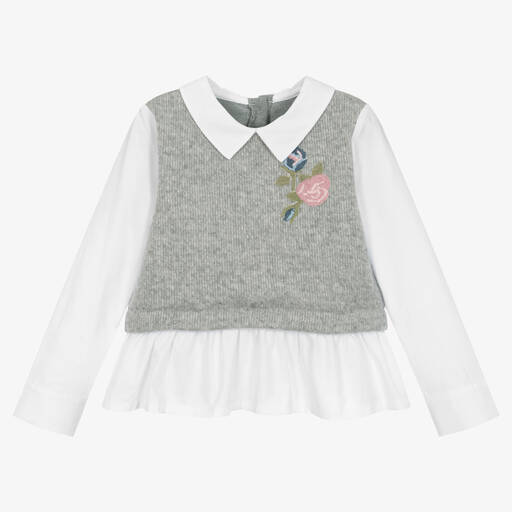 Lapin House-Popeline-Bluse mit Strick Grau/Weiß | Childrensalon Outlet