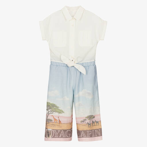 Lapin House-Girls Ivory & Blue Linen Safari Trouser Set | Childrensalon Outlet