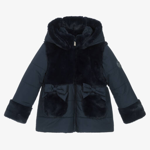 Lapin House-Girls Navy Blue Faux Fur Hooded Coat | Childrensalon Outlet