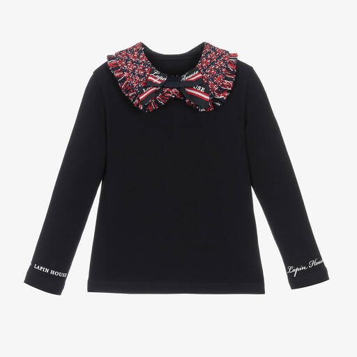 Lapin House-Girls Navy Blue & Red Tweed Collar Top | Childrensalon Outlet