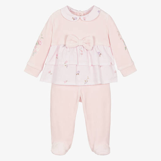 Lapin House-Girls Pink Floral Velour 2 Piece Babygrow | Childrensalon Outlet