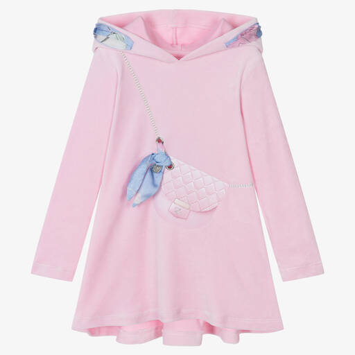 Lapin House-Розовое велюровое платье-худи с принтом-сумкой | Childrensalon Outlet