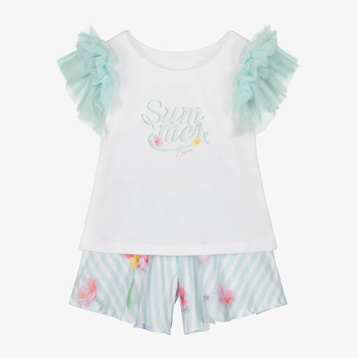 Lapin House-Girls White & Aqua Blue Cotton Shorts Set | Childrensalon Outlet