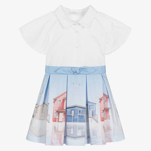 Lapin House-Бело-голубое платье с пляжными домиками | Childrensalon Outlet