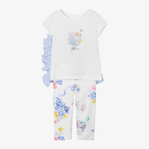 Lapin House-طقم ليغنغز قطن جيرسي لون أبيض وأزرق للبنات | Childrensalon Outlet