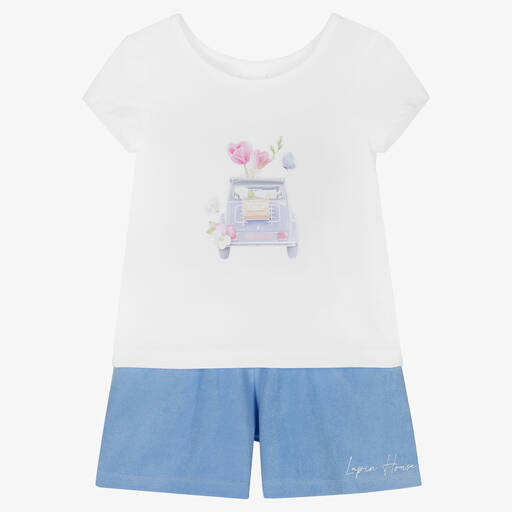 Lapin House-Girls White & Blue Cotton Shorts Set | Childrensalon Outlet