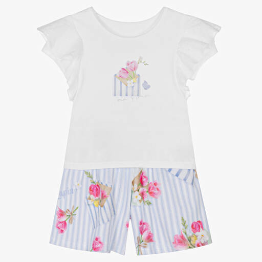 Lapin House-Geblümtes Shorts-Set in Weiß & Blau | Childrensalon Outlet