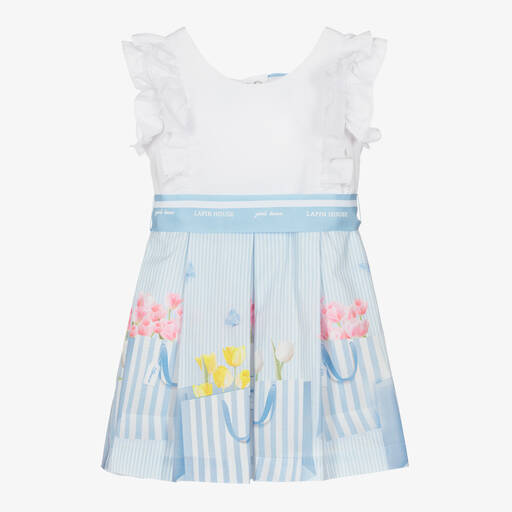 Lapin House-Girls White & Blue Striped Floral Dress | Childrensalon Outlet