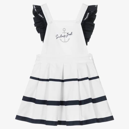 Lapin House-فستان بينافورقطن لون أبيض وأزرق | Childrensalon Outlet