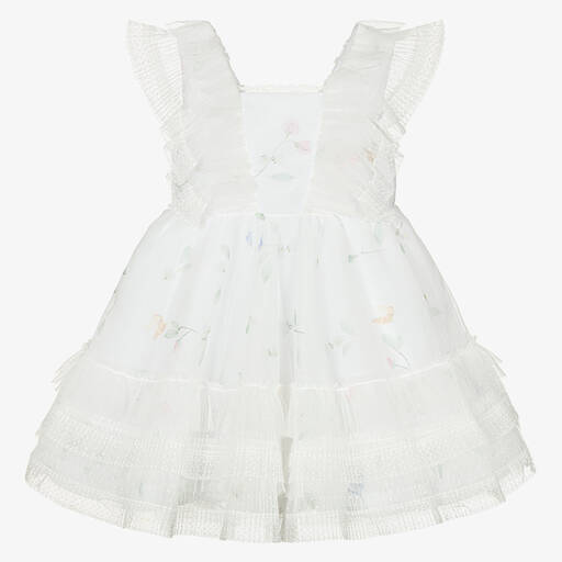Lapin House-Girls White Floral Tulle Plissé Dress | Childrensalon Outlet