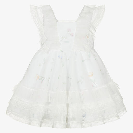 Lapin House-Белое платье из тюля с плиссировкой и цветами | Childrensalon Outlet