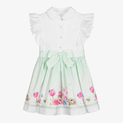 Lapin House-Girls White & Green Striped Cotton Dress | Childrensalon Outlet