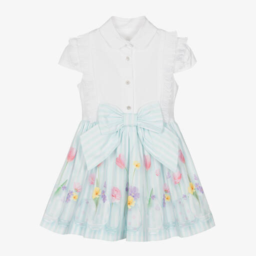 Lapin House-Girls White & Green Striped Cotton Dress | Childrensalon Outlet