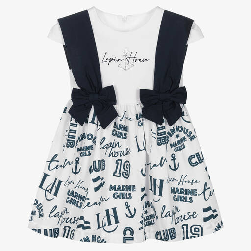 Lapin House-Girls White & Navy Blue Cotton Dress | Childrensalon Outlet