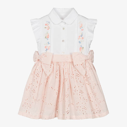 Lapin House-Girls White & Pink Broderie Cotton Dress | Childrensalon Outlet
