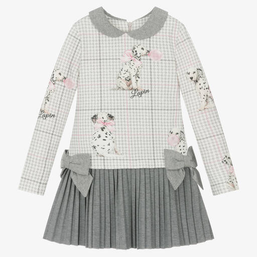 Lapin House-Серое хлопковое платье в гусиную лапку с далматинцами | Childrensalon Outlet