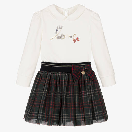 Lapin House-طقم تنورة قطن جيرسي وتول تارتان لون عاجي وأخضر | Childrensalon Outlet