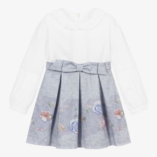 Lapin House-فستان قطن تويل لون أبيض وأزرق | Childrensalon Outlet