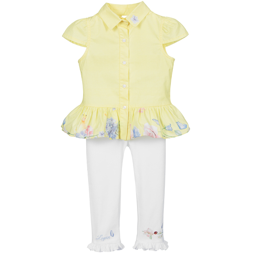 Lapin House-طقم ليغنغز وبلوز قطن جيرسي لون أصفر وأبيض للبنات | Childrensalon Outlet