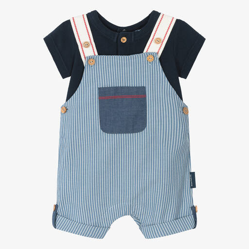 Laranjinha-Baby Boys Blue Striped Cotton Dungaree Set | Childrensalon Outlet