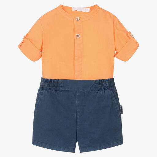 Laranjinha-Baby Boys Orange & Blue Cotton Shorts Set | Childrensalon Outlet