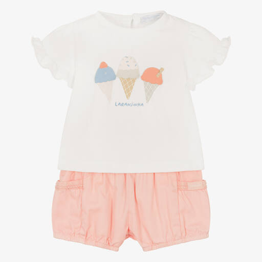 Laranjinha-Baby Girls White & Pink Cotton Shorts Set | Childrensalon Outlet