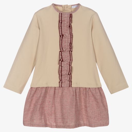 Laranjinha-Beige & Red Check Cotton Dress | Childrensalon Outlet