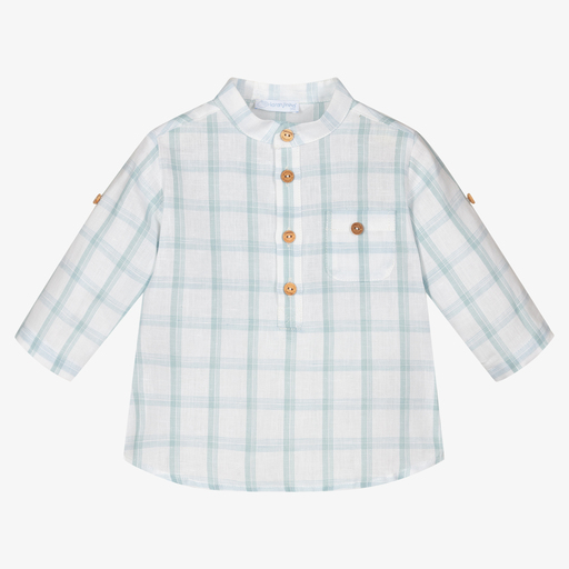 Laranjinha-قميص مزيج قطن وكتان كاروهات لون أبيض وأزرق للأولاد | Childrensalon Outlet
