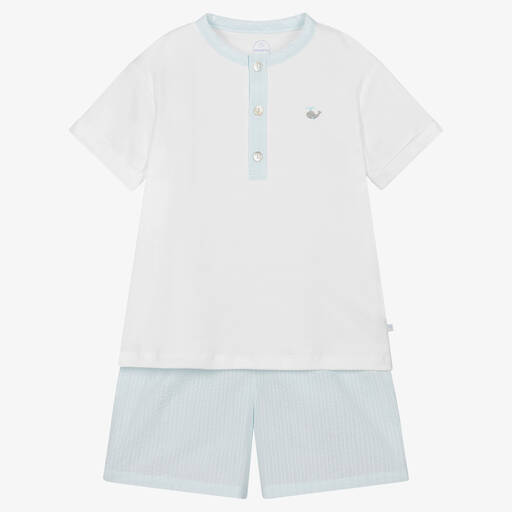 Laranjinha-Boys Aqua Blue & White Cotton Pyjamas | Childrensalon Outlet