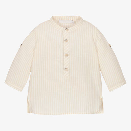 Laranjinha-Boys Beige Stripe Cotton Popover Shirt | Childrensalon Outlet