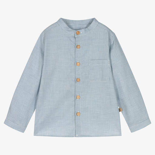 Laranjinha-Boys Blue Collarless Cotton Shirt | Childrensalon Outlet