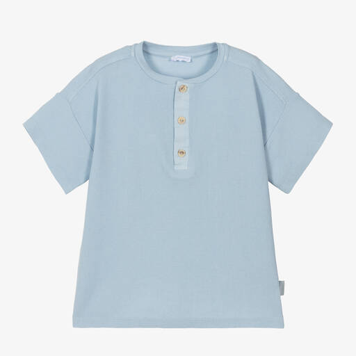 Laranjinha-Boys Blue Cotton Buttoned T-Shirt | Childrensalon Outlet