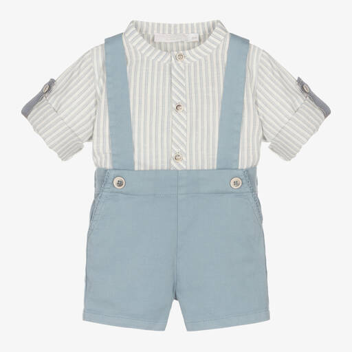 Laranjinha-Boys Blue Cotton Shirt & Shorts Set | Childrensalon Outlet