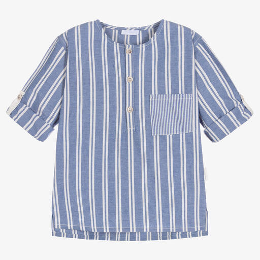 Laranjinha-قميص قطن عضوي مقلم لون أزرق وأبيض للأولاد | Childrensalon Outlet