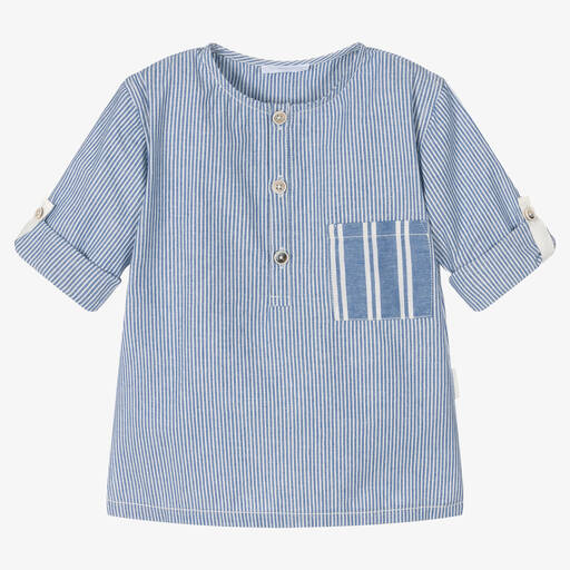Laranjinha-Boys Blue Mini Stripe Cotton Popover Shirt | Childrensalon Outlet