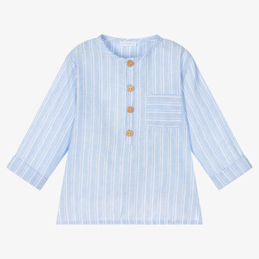 Laranjinha-Boys Blue Stripe Cotton & Linen Shirt | Childrensalon Outlet