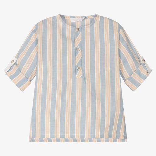 Laranjinha-Boys Blue Stripe Cotton Popover Shirt | Childrensalon Outlet