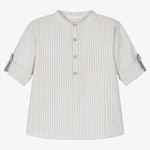 Laranjinha-Boys Blue Stripe Cotton Popover Shirt | Childrensalon Outlet