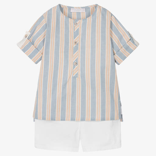 Laranjinha-Boys Blue Stripe Cotton Shorts Set | Childrensalon Outlet